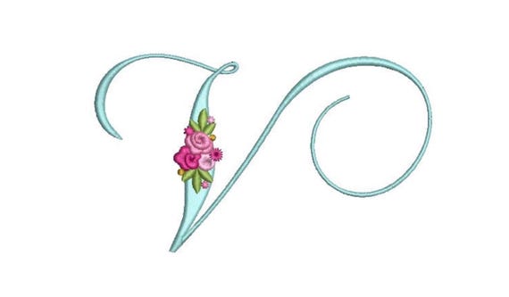 Pretty Rose Script LETTER V  Machine Embroidery File design - 5 x 7 inch hoop - Monogram design