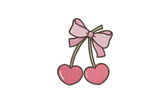 Cherry Hearts Bow Embroidery Design - Machine Embroidery Instant Download File - Cherries Coquette Bow - 4x4 inches