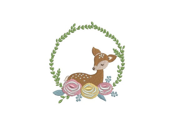 Deer & Flowers Frame Machine Embroidery File design 4x4 inch hoop