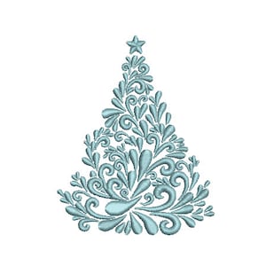 May include: A blue stylized Christmas tree design with a star on top. The tree is made up of swirls and leaves.