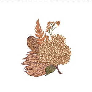 Puede incluir: Un diseño de bordado floral con un grupo de hortensias beige, hojas de helecho marrones y pequeñas flores naranjas.
