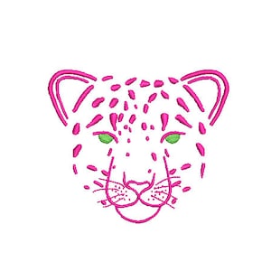 May include: Pink line art illustration of a snow leopard's face with green eyes.