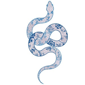 May include: A blue and white snake with a floral pattern. The snake is curled up in a circle.