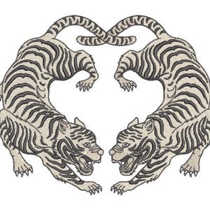 May include: An embroidery design featuring two mirrored tigers facing each other. The tigers are rendered in a light cream thread with dark charcoal grey stripes, depicted in a pouncing stance with their tails curved upward to form a heart shape.