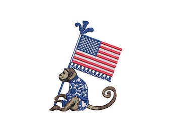 Chinoiserie Monkey with USA Flag Machine Embroidery File design - 4x4 inch hoop - 4th of July Embroidery Design - Instant Download