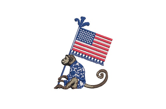 Chinoiserie Monkey with USA Flag Machine Embroidery File design - 4x4 inch hoop - 4th of July Embroidery Design - Instant Download