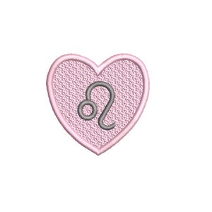 May include: Pink heart-shaped design with a gray Leo zodiac symbol inside.