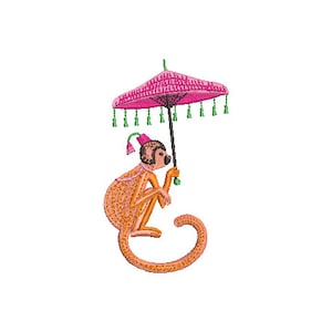 Peut inclure: Un singe brun portant un chapeau rose est assis sous un parapluie rose avec des glands verts. Le singe tient la poignée du parapluie d'une main.