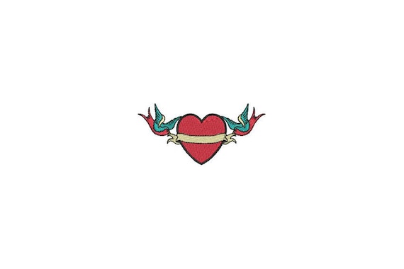 Heart & Sparrows Tattoo Retro Machine Embroidery File design 4 x 4 inch hoop