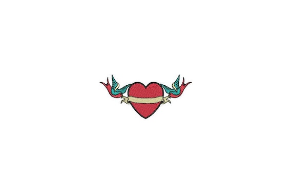 Heart & Sparrows Tattoo Retro Machine Embroidery File design 4 x 4 inch hoop