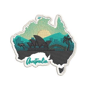 May include: Embroidered patch in the shape of Australia, featuring the Sydney Opera House, a kangaroo, and a palm tree. The design includes the word "Australia" in a teal script font. The background has a sunrise and teal mountains.
