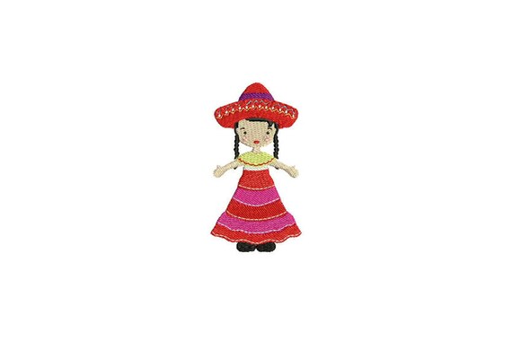 Whimsical Bohemian Mexican Folksy Girl with Long Dress Machine Embroidery File design 4 x 4 inch hoop