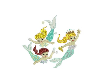 Mermaid Embroidery Design - Vintage Three Mermaids Machine Embroidery File design -  20cm x 20cm hoop - instant download