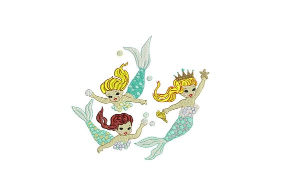 Mermaid Embroidery Design - Vintage Three Mermaids Machine Embroidery File design -  20cm x 20cm hoop - instant download