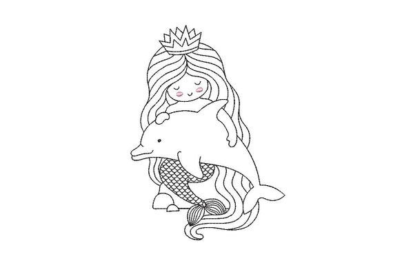 Mermaid And Dolphin Machine Embroidery File design 5x7 hoop - Redwork