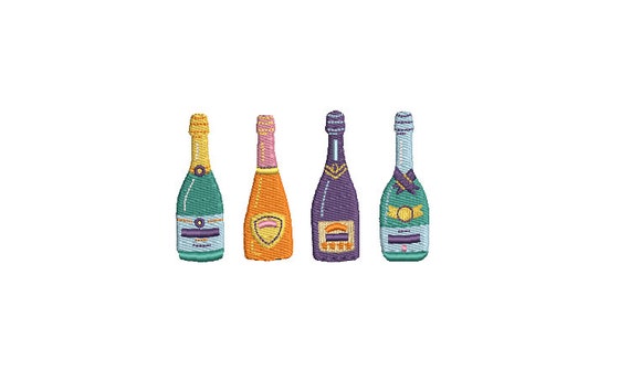 Four Champagne Bottles Machine Embroidery Design - 4x4 inch hoop - Wine Bottles Embroidery File