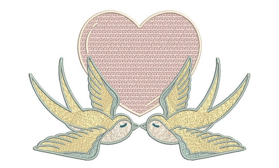 Pastel Heart Birds Machine Embroidery File design - 7x12 inch hoop - Wedding Embroidery instant download