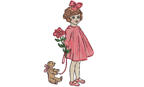 Little Girl And Teddy Embroidery Design - Machine Embroidery File design - 5x7 hoop - Vintage Style Embroidery Design