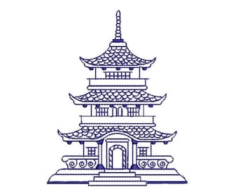 Chinoiserie Chic Monogram Blue Pagoda Machine Embroidery File design  - 4x4 hoop