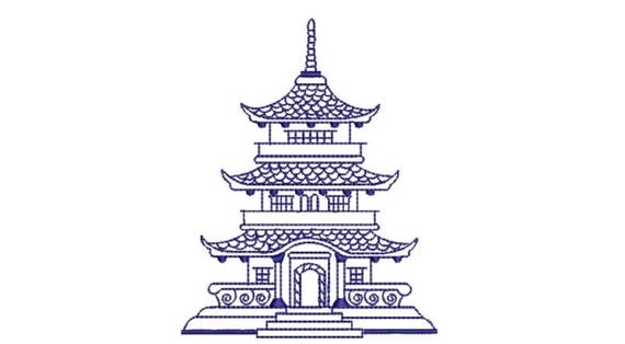 Chinoiserie Chic Monogram Blue Pagoda Machine Embroidery File design  - 4x4 hoop