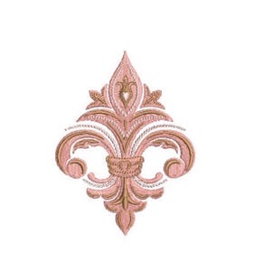 May include: An embroidered fleur-de-lis design featuring soft pink and metallic gold thread. The intricate pattern displays symmetrical scrolling leaves and a central pointed element, showcasing detailed stitching textures throughout the motif.