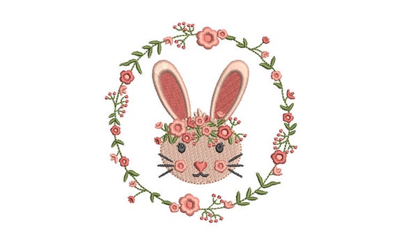 Peach Bunny Easter Wreath  - Machine Embroidery File design 4 x 4 inch hoop - Easter Embroidery Design