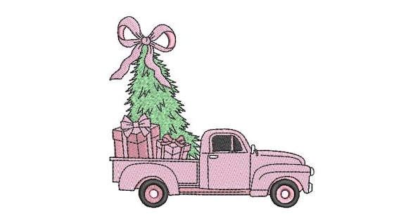 Pink Truck Christmas Tree Embroidery - Xmas Embroidery File design 5x7 hoop - Coquette Christmas Design