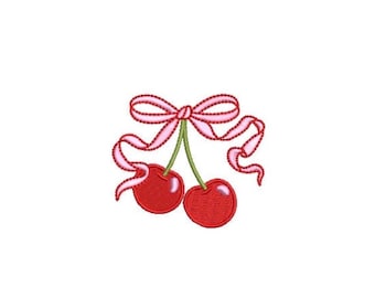 Ribbon Bow Cherries Embroidery Design - Machine Embroidery Instant Download File - Cherries Coquette Bow - 3x3 inches