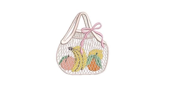 String Bag with Fruit Embroidery Design and Bow - Machine Embroidery File designs - 4 x 4 inch hoop - Fruit embroidery design