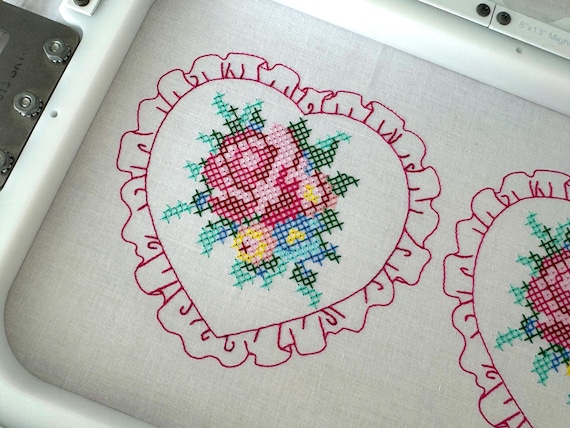 Cross Stitch Heart Monogram Frame - Rose Doily Design - Machine Embroidery File design 5 x 7 inch hoop