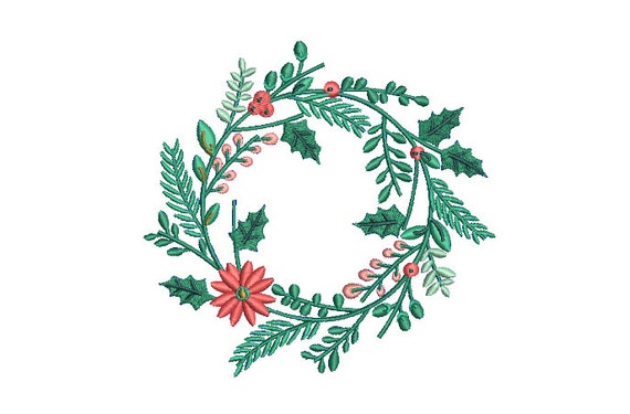 Floral Christmas Wreath Embroidery - Machine Embroidery File - design 5x7 inch hoop - Monogram frame