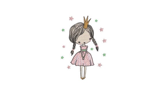 Princess Sketch With Stars and Crown Machine Embroidery File design 4x4 inch or 10cm x 10cm hoop - instant download