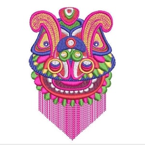 May include: An embroidered patch featuring a stylized lion head with vibrant pink, blue, green, and yellow thread. The design includes intricate patterns, circular eyes, a wide mouth with visible teeth, and a long pink fringe hanging from the bottom.