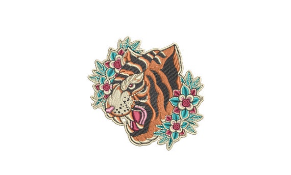 Tiger Flowers Tattoo Embroidery Design - Tiger Face Urban Modern Machine Embroidery File design - 4x4 inch hoop - instant download