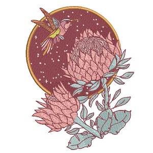 Hummingbird Protea Embroidery - Machine Embroidery Hummingbird Machine Embroidery File design 5x7 inch hoop