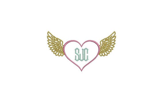 Heart Wings Monogram Tattoo Retro Machine Embroidery File design 4 x 4 inch hoop - instant download