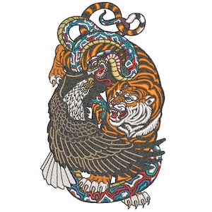 Eagle Snake Tiger borduurwerk ontwerp - Tiger & Roses stedelijke moderne Machine borduurwerk bestand design - 5 x 7 inch hoepel - direct downloaden