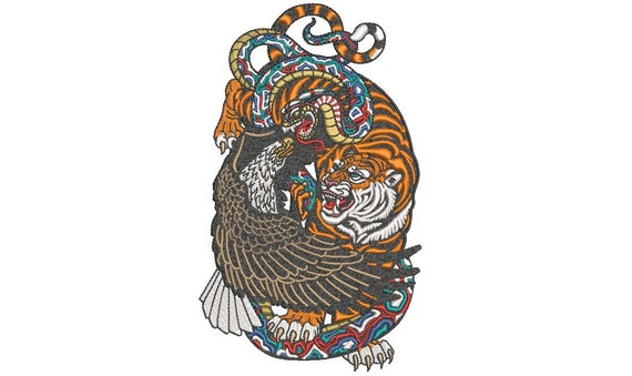 Eagle Snake Tiger Embroidery Design - Tiger & Roses Urban Modern Machine Embroidery File design - 5x7 inch hoop - instant download