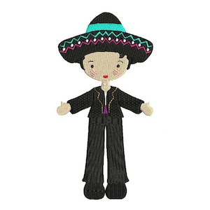 May include: Embroidered felt applique of a person wearing a black suit and a colorful sombrero.