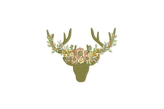 Boho Whimsical Deer Antlers With Peachy Flowers Bohemian Machine Embroidery File design 5x7 hoop