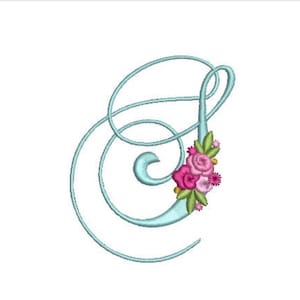 May include: An embroidered letter S in a light blue cursive font, featuring a decorative cluster of pink and magenta flowers with green leaves attached to the lower right curve of the letter, all set against a plain white background.