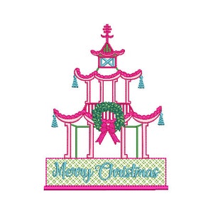 Chinoiserie Chic - Merry Christmas Pagoda - Machine Embroidery File design - 5x7 inch hoop