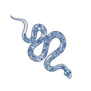May include: An embroidered design of a snake in a winding, S-shaped pose. The snake is rendered in a vibrant blue thread color and features a detailed pattern of small flowers and leaves covering its entire body against a plain white background.