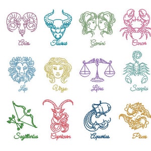 Op de afbeelding: Een kleurrijke illustratie van de 12 sterrenbeelden. Elk sterrenbeeld wordt weergegeven door een uniek symbool en is omrand met een andere kleur. De sterrenbeelden zijn in een rasterpatroon gerangschikt.