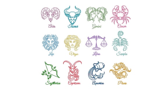Horoscopes Embroidery Design -  Urban Machine Embroidery File design - 8x8 inch hoop - instant download - all Star Signs ONE File