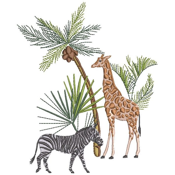 Afrikanischer Druck - Stickdatei Design - 15x7 Zoll - Palme - Giraffe - Zebra Stickdatei