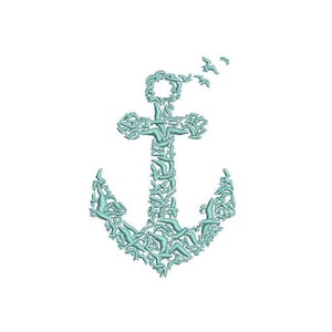 May include: A teal blue anchor made up of a flock of birds. The birds are all facing the same direction and are arranged in a way that creates the shape of an anchor.