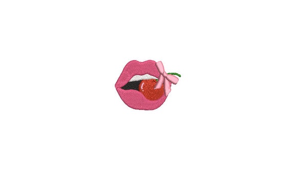 Mini Bow Cherry Lips Embroidery Design - Machine Embroidery Instant Download - Cherries Coquette Bow - 2x2 inches