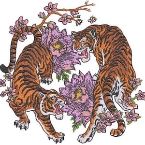 May include: An embroidery design featuring two orange and black striped tigers facing each other, surrounded by large pink peony flowers and small pink cherry blossoms with green leaves, all rendered in detailed thread work on a white background.