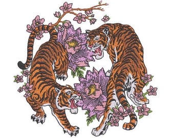Asian Floral Tiger Embroidery Design - Machine Embroidery File design - 8x8 inch hoop - instant download - Chinoiserie Flower Tiger Design
